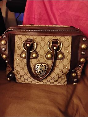 Gucci  Babouska Vintage Beige Brown Studded Canvas Boston Bag